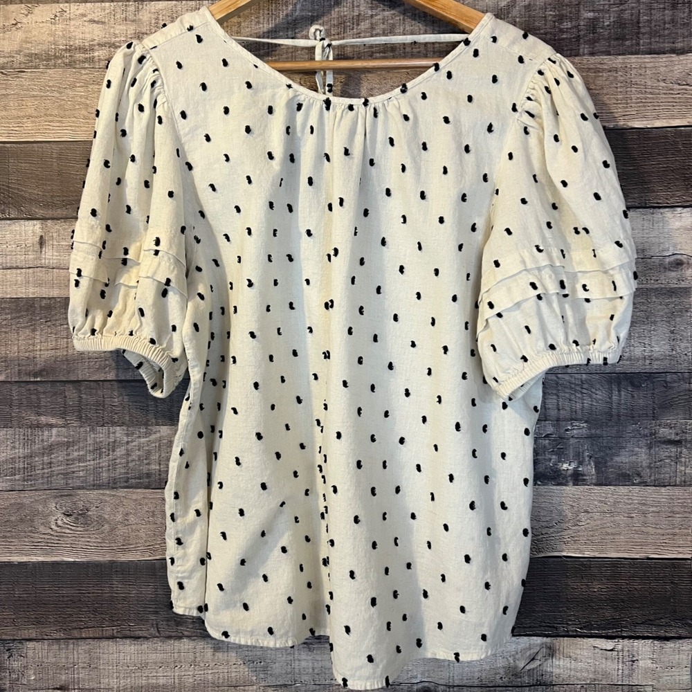Madewell Tie-Back Puff-Sleeve Top in Clip Dot XL Neutral Classic Minimalist